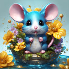 Colorful Illustration: Blue Mouse Among Yellow Flowers with Water Droplets