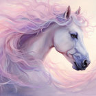 Illustration of unicorn with pastel mane on dreamy background