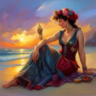 Woman in Vibrant Dress and Flower Hat Contemplating on Beach at Sunset