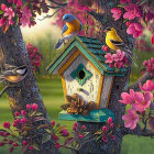 Vibrant Birds on Branches Near Ornate Birdhouse amid Pink Blossoms