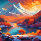 Scenic autumn landscape with lake, cabin, mountains, and starry sky