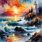 Colorful Watercolor Painting: Lighthouse on Rocky Shore at Sunset