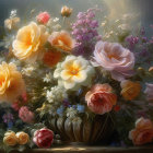 Lush bouquet of roses and flowers in a dreamy, soft-focus painting