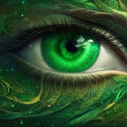 Detailed illustration of vivid green eye with ornate swirling patterns and shimmering highlights.