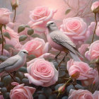 Detailed artwork: pastel roses, delicate butterflies, colorful birds, blooming flora