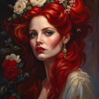 Portrait of woman with vibrant red hair and flowers in detailed, painterly style