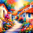 Colorful Artwork of Quaint Village Street at Sunset