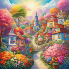 Colorful illustration of whimsical village with blooming trees, quaint houses, and castle on hill under