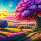 Colorful Fantasy Landscape with Pink Tree and Flower-Covered Hills