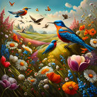 Colorful Birds Flying Over Lush Meadow with Tulips and Wildflowers