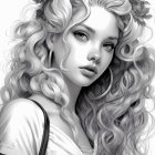 Monochrome illustration of woman with curly hair and off-the-shoulder top