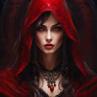 Mystical figure with gold and red makeup, adorned in jewelry, surrounded by crimson flowers