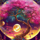 Colorful tree, golden moon, lanterns in lush fantasy landscape