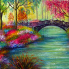 Colorful landscape painting with river, trees, path & houses in lush greenery