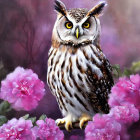 Brown-white owl with yellow eyes in pink flower setting on purple background