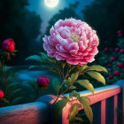 Pink peony flower under full moon with blue railing in shadowy setting