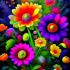 Colorful Neon Flowers Artwork on Dark Background