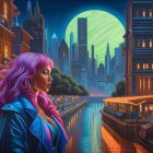 Pink-haired woman admires neon-lit futuristic cityscape with moon and canal.