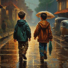 Children with umbrella walking in rain under streetlights near classic car