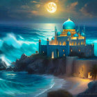 Fantasy palace with glowing windows under starry night sky and moonlit sea