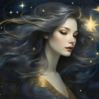 Ethereal woman with flowing hair in starry night setting