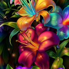 Colorful digitally-rendered flowers with glossy sheen and exaggerated colors, deep purples to fiery