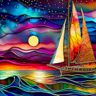 Colorful Stained Glass Style Sailing Boat Illustration in Starry Night