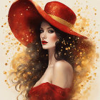 Woman with flowing hair in red glittery hat and sparkling accents.