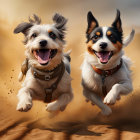 Two collared dogs joyfully running in desert landscape