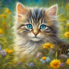 Fluffy kitten with blue eyes in colorful flower field