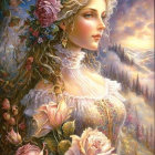 Fantasy portrait of woman with ethereal features and roses under starlit sky.