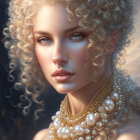 Portrait of woman with curly blonde hair and blue eyes wearing pearl necklaces
