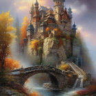 Castle on Cliff with Stone Bridge, Autumn Trees, and Twilight Mist