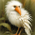 Fantasy illustration of white bird with sharp orange beak in grass.