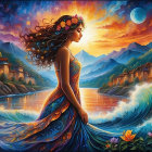 Vibrant image: Woman with flowing hair merges with colorful landscape