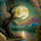 Serene fantasy landscape with full moon, flowering trees, tranquil lake