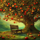 Tranquil orchard with apple tree, fallen fruits, and empty bench.