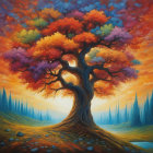 Colorful Tree Painting in Surreal Sunset Landscape