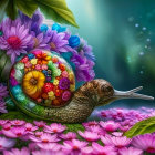 Colorful snail artwork with flower-filled shell on green and pink background