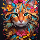 Colorful digital artwork: Cat with floral mane, orange stripes, blue accents on dark background