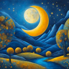 Whimsical night scene painting with crescent moon, stars, and vibrant trees