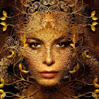 Detailed steampunk-inspired woman's face illustration in bronze and gold tones