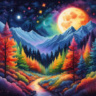 Colorful forest path under night sky with moon & stars