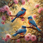 Colorful Bluebirds on Branches with Pink Blossoms in Soft Lighting