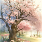 Tranquil cherry blossom trees in full bloom with soft sunlight on a peaceful pathway