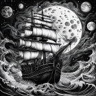 Monochrome tall ship sailing on tumultuous seas under a night sky with full moon and swirling clouds