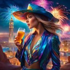 Stylish woman with hat holding beer glass in cityscape at night