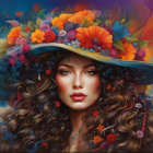 Voluminous curly hair woman in floral hat on vibrant abstract background