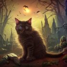 Fluffy brown cat with blue eyes in Halloween scene with pumpkins, skull, bats