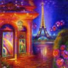 Colorful Artwork of Eiffel Tower at Night with Reflective Building